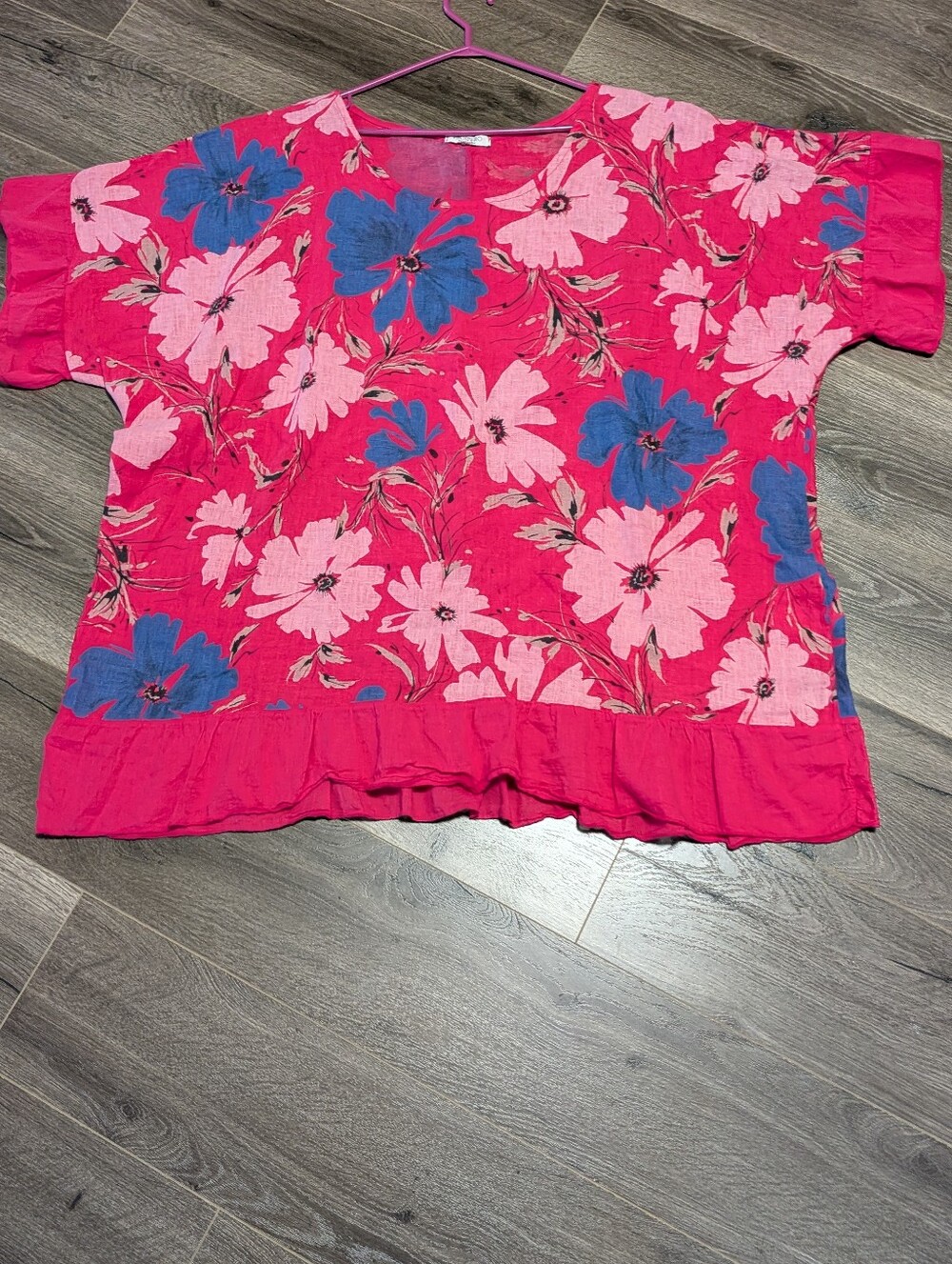 Prospero Oversize Linen Tunic .Women's Pink Floral Scoop-Neck Top. Frill Detail - Picture 5 of 6